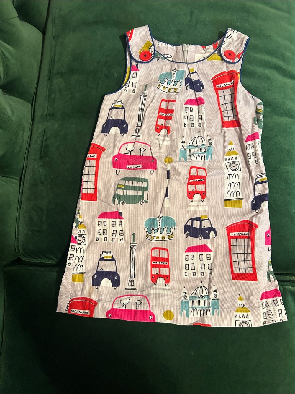 Mini Boden Girls Corduroy London Print Jumper. Size 4-5Y